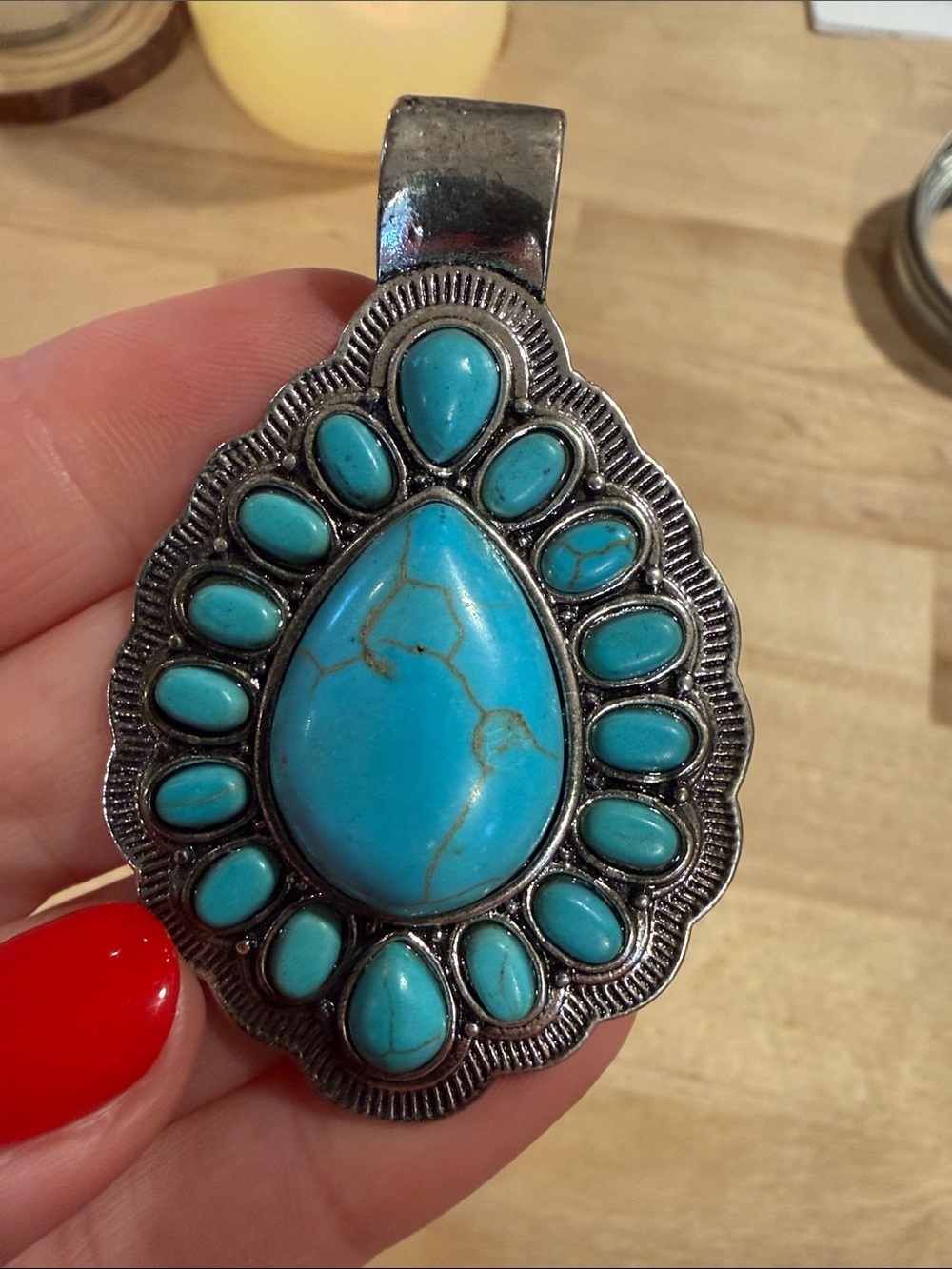 Faux Turquoise Teardrop Statement Pendant Necklace - Women Jewelry - Picture 3 of 4